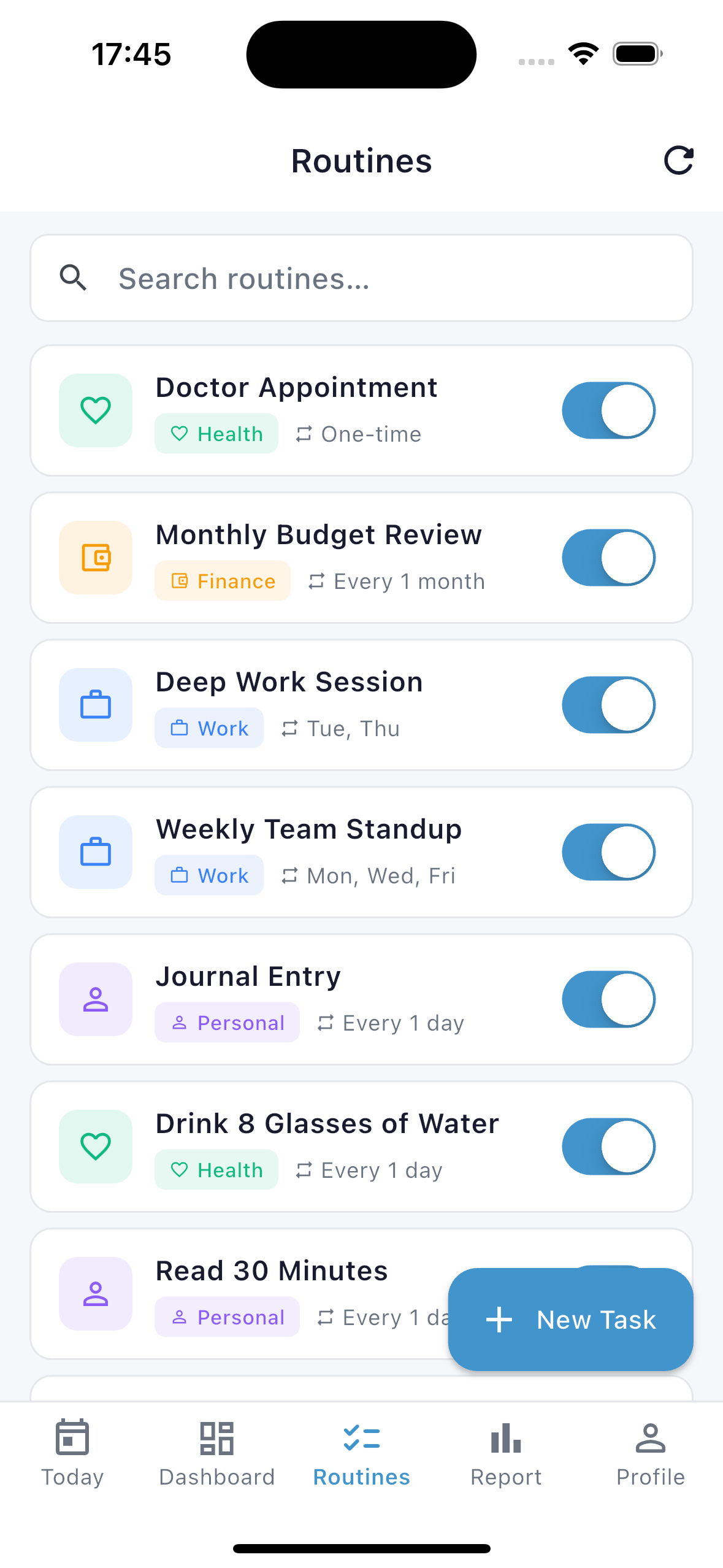 Routines screen
